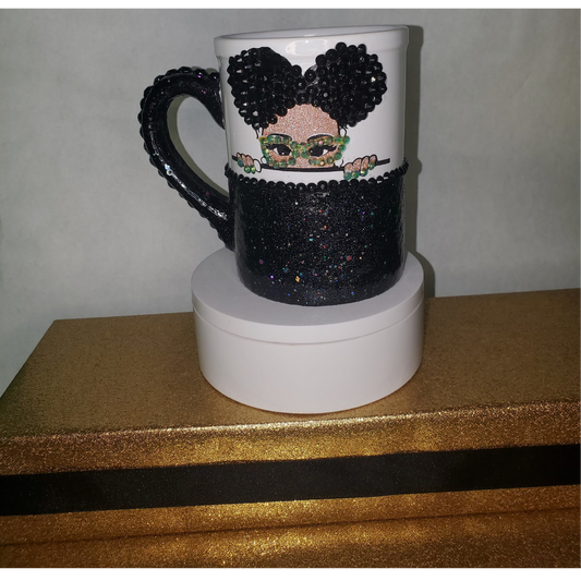 -Afro Bling woman drinking, Mug| Beaded Mug, Lady Mug, Coffee Cup, Black Woman Cups ,3D decorated coffee mug, personalized